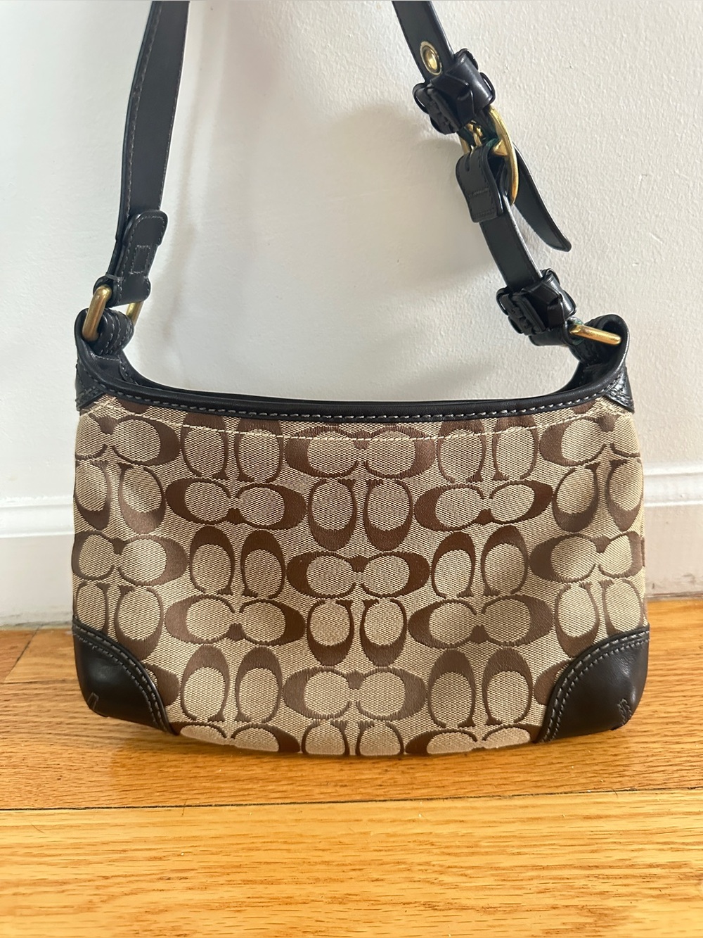 Coach Brown/Khaki Signature Canvas Crossbody Bag with Dark Brown Trim
